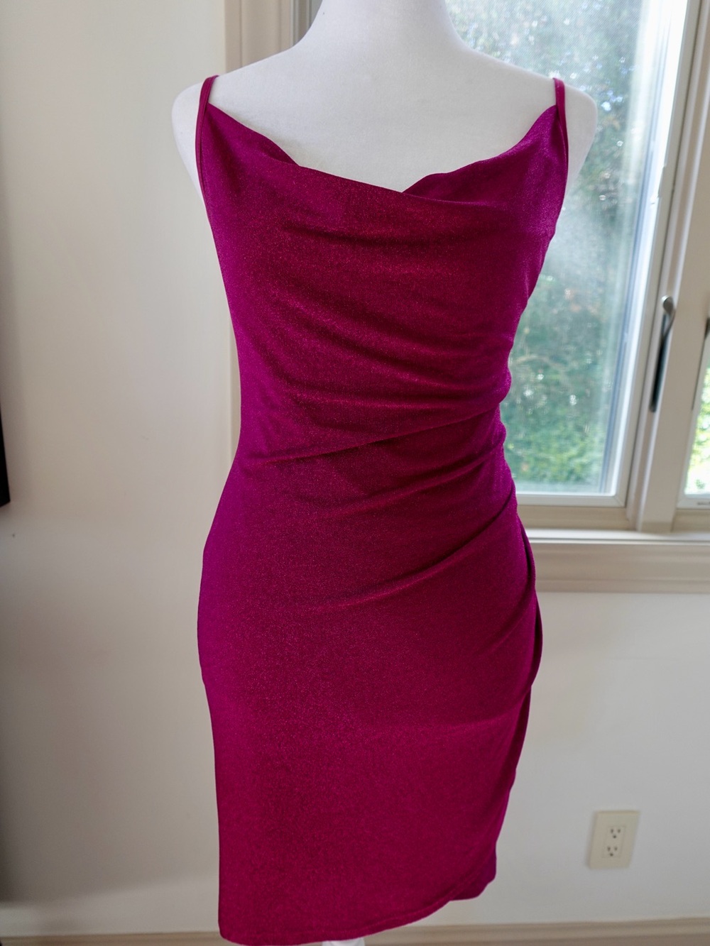 Bebe sparkly Fuchsia Cowl Neck ruched  mini Dress